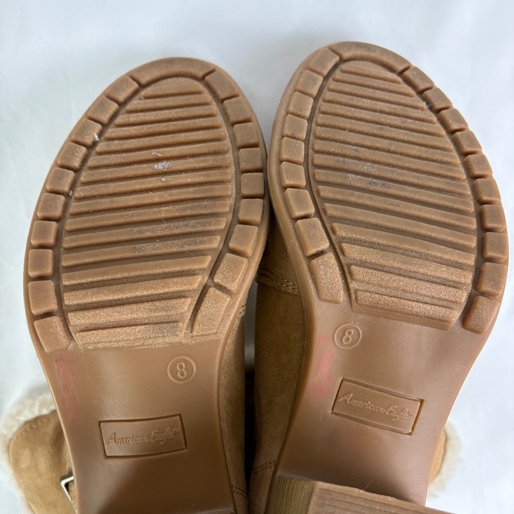 American Eagle Women's 8 Tan Suede Faux Fur Lined Heeled Ankle Boots Cozy Winter - Picture 8 of 11